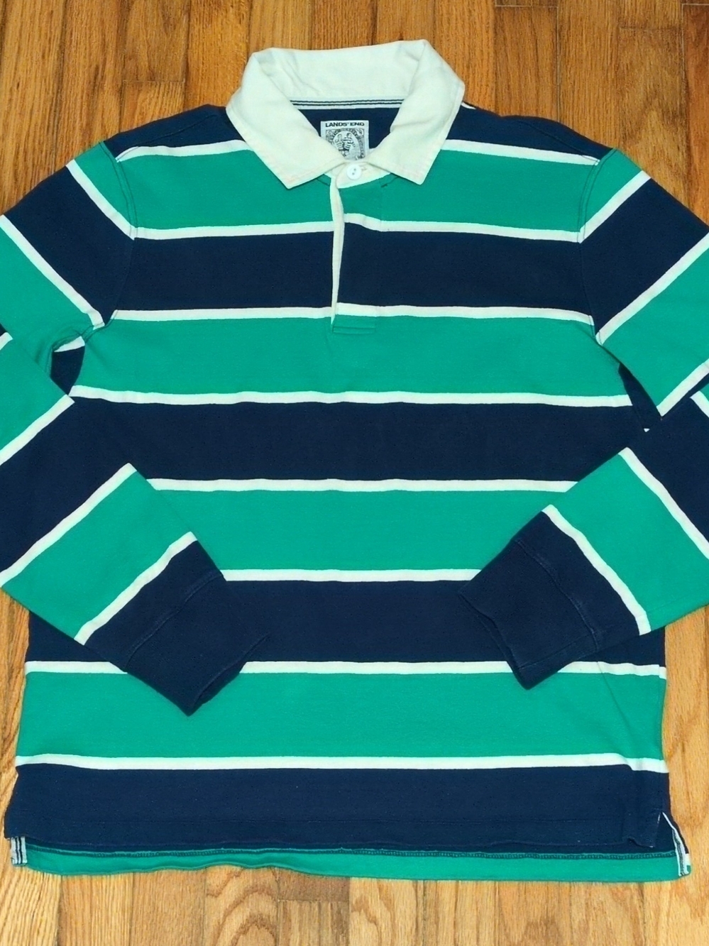 Lands' End Men's Rugby Shirt M (38-40) Long Sleeve Striped Green Navy White